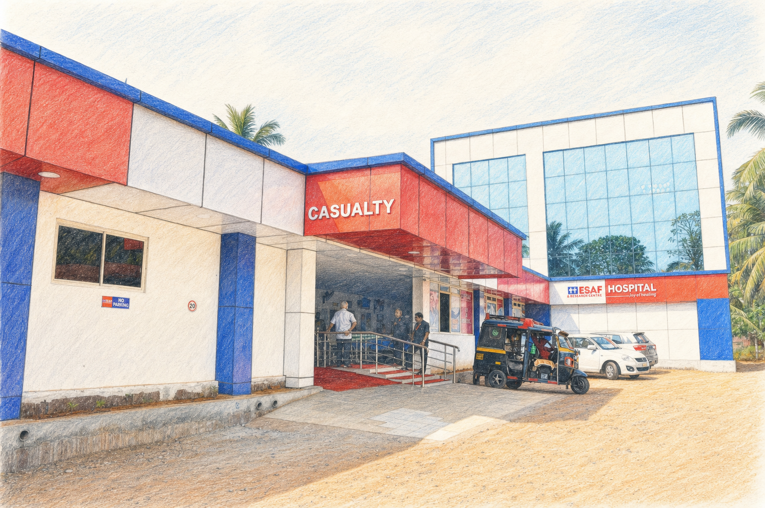 Colour-pencil illustration of the Casualty entrance at ESAF Hospital, Thachampara
